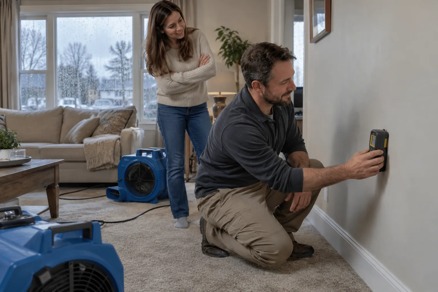 Water damage restoration technician drying a flooded living room in Portland
